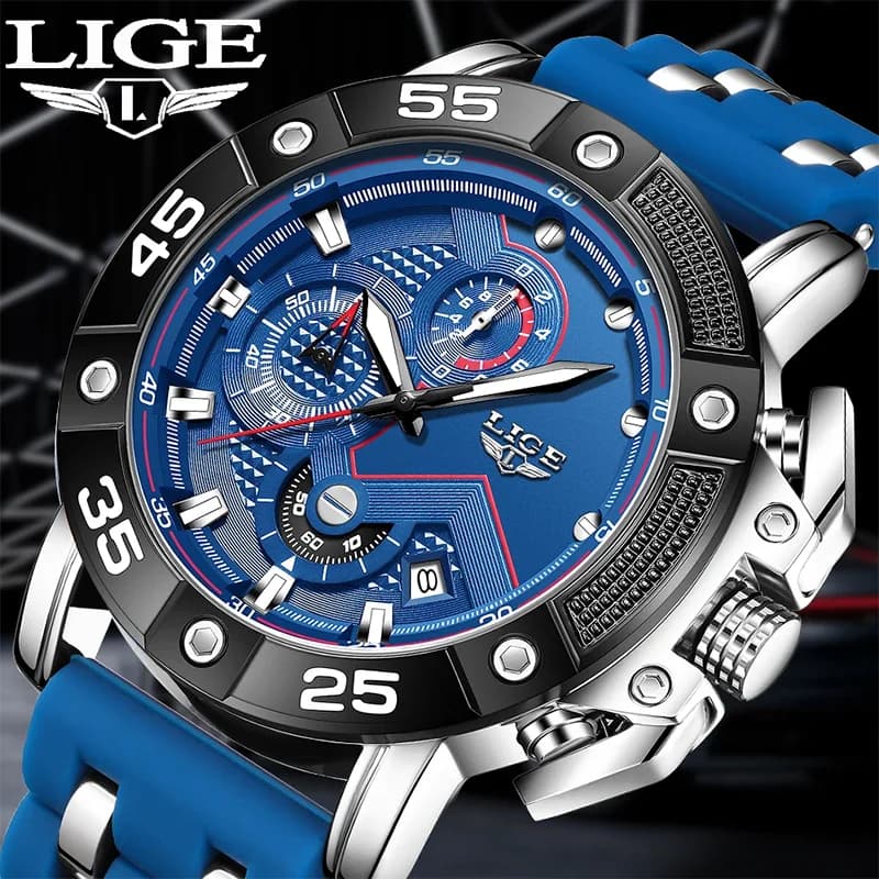 LIGE Business Watch Men Fashion Military Sports Quartz Men Watch Silicone Waterproof Big Dial Chronograph Relogio Masculino+BOX