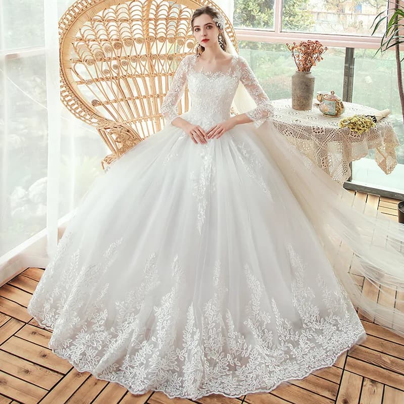 Abito da Sposa Coreano 2024 Nuovo Modello Monospalla a Manica Lunga Super Elegante con Gonna in Tulle Leggero Stile Principessa per la Primavera