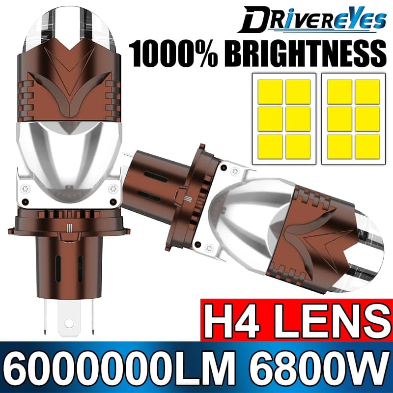 Faro LED H4 da 6000W 6000000LM con Lente Mini Proiettore, 6500K, Abbaglianti/Anabbaglianti, Ventola Turbo, Lampadina Auto/Moto 12V ad Alta Potenza, Plug&Play