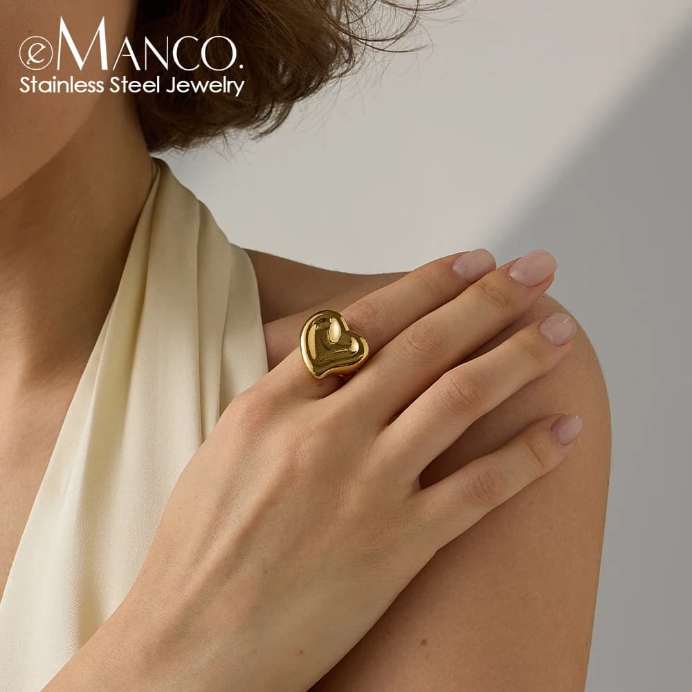 eManco Stainless Steel Heart Shaped Love Ring Water Resistant PVD 18 Carats Gift Romantic Charm Fashion Jewelry Shipping in 48 Hours