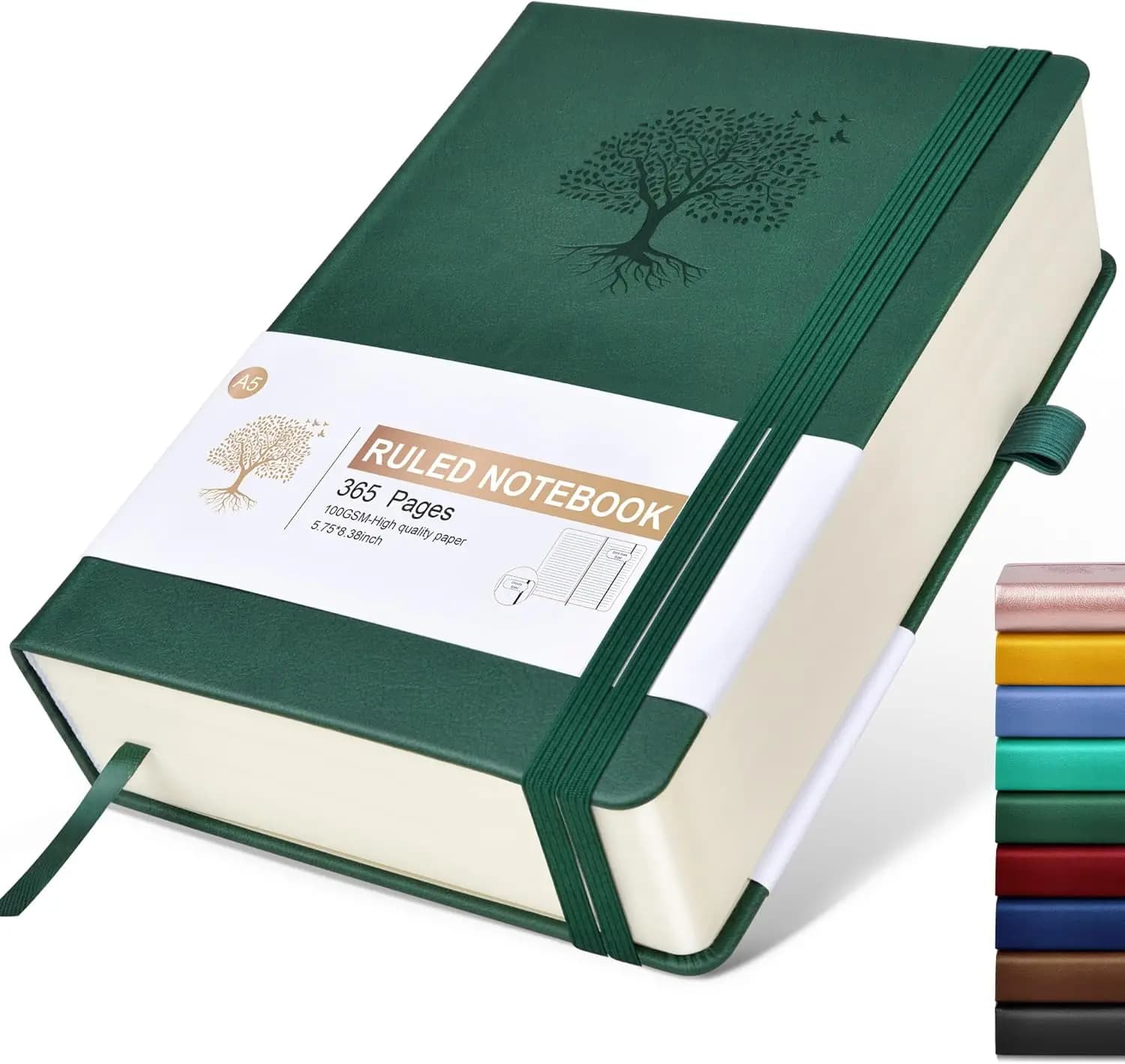 A5 Lined Journal Notebook - 365 Pages, 100gsm Paper, Hardcover Vegan Leather, 180° Lay Flat, Green