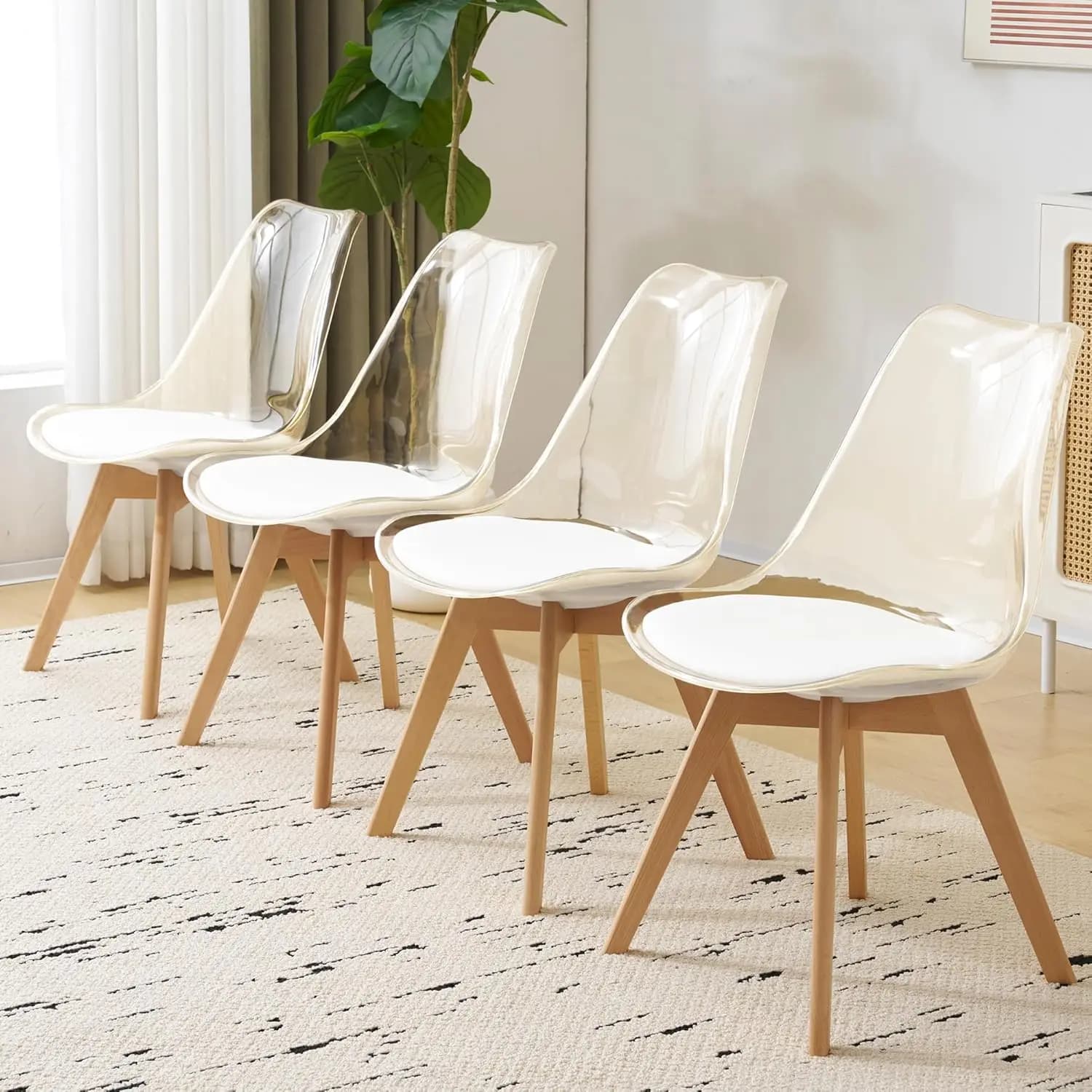 Set di 4 sedie da pranzo trasparenti, sedie da cucina moderne in accenti acrilico con cuscini in pelle PU e gambe in legno, Sid