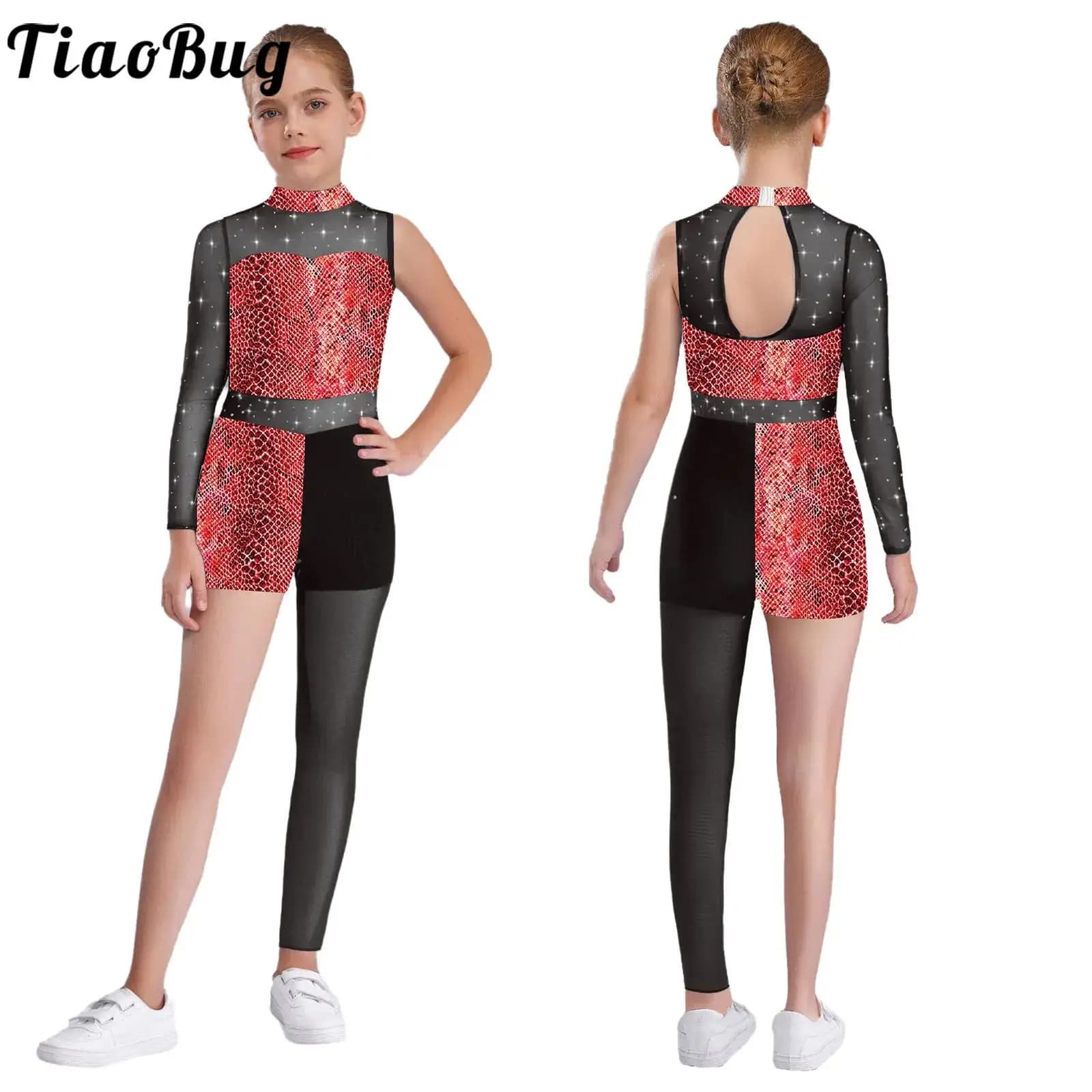 Body da ginnastica per bambina, pattinaggio di figura, danza, acrobazia, costume, strass, body asimmetrico stampato a rete trasparente