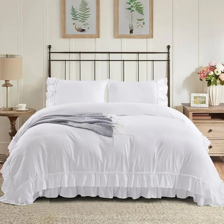 Set Double Cover 3 Pieces Prewashed White Sporco with 2 Balze and Design Solid Color Rustic/Country Style