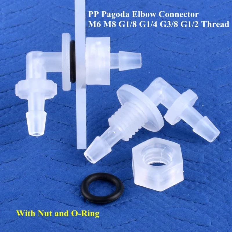 PP Pagoda Elbow Connector with Nut and NBR O-Ring for Irrigation Systems – M6 to G1/2 Thread Sizes – 2.4 mm to 11.1 mm Hose Comp