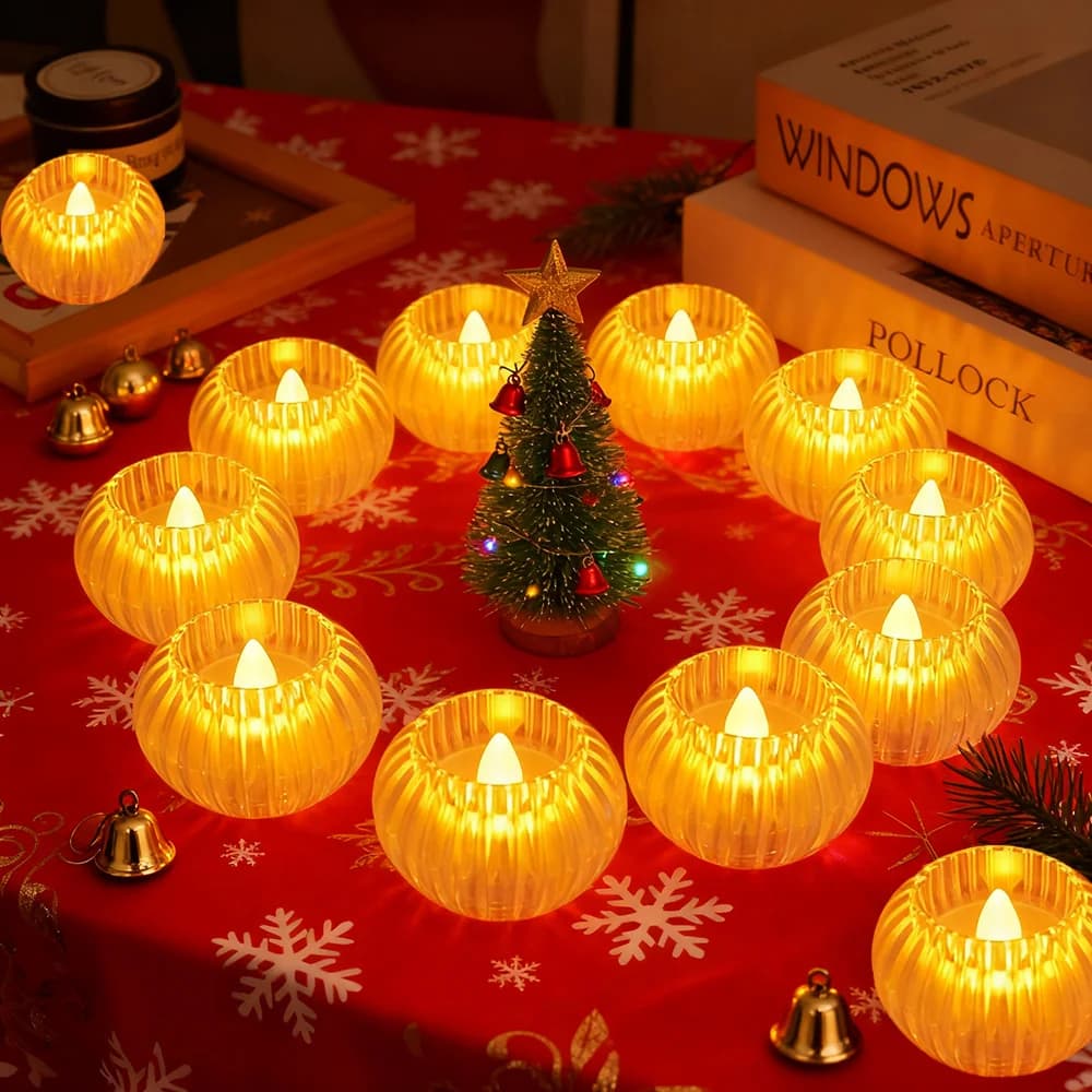 12 luci a candela rotonde a LED, candela rotonda senza fiamma, luce notturna a candela a batteria, lampada di cristallo trasparente
