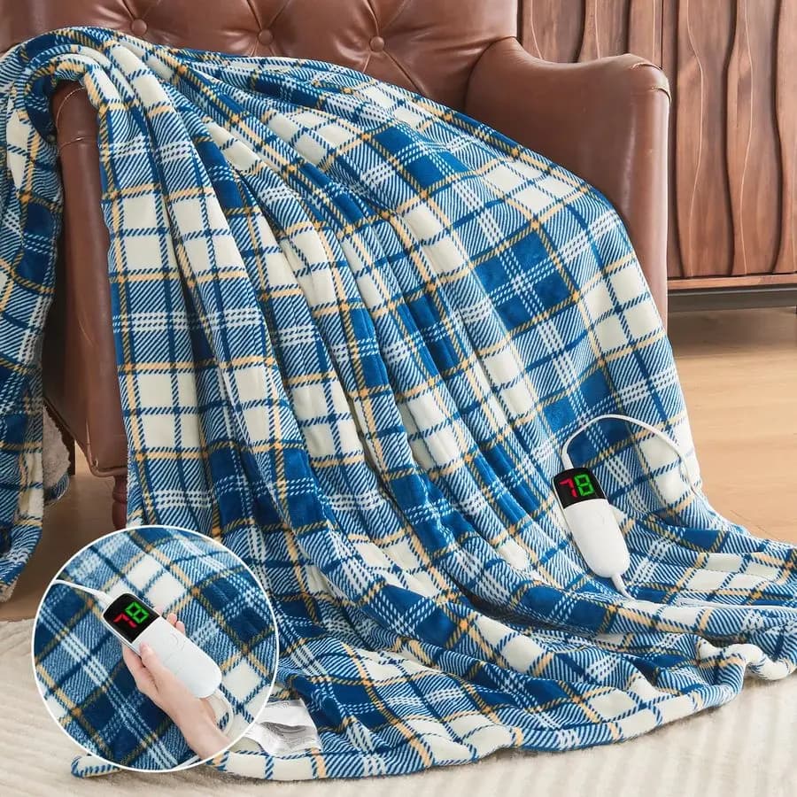 Coperta elettrica doppia dimensione, coperta riscaldante 62X84 con 10 livelli di calore 8 ore con timer di spegnimento automatico, Sherpa Bla morbido e accogliente scozzese blu