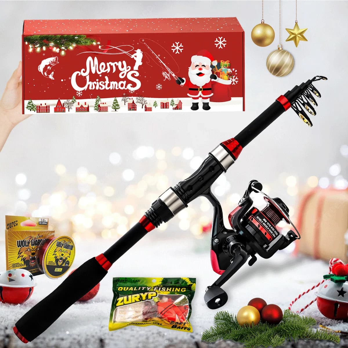 Set Natalizio per la Pesca: Canna da Pesca Ultra Leggera per Mare, Kit Completo per Lanci Lunghi in Acqua Dolce e Salata, Combo Completo per la Pesca