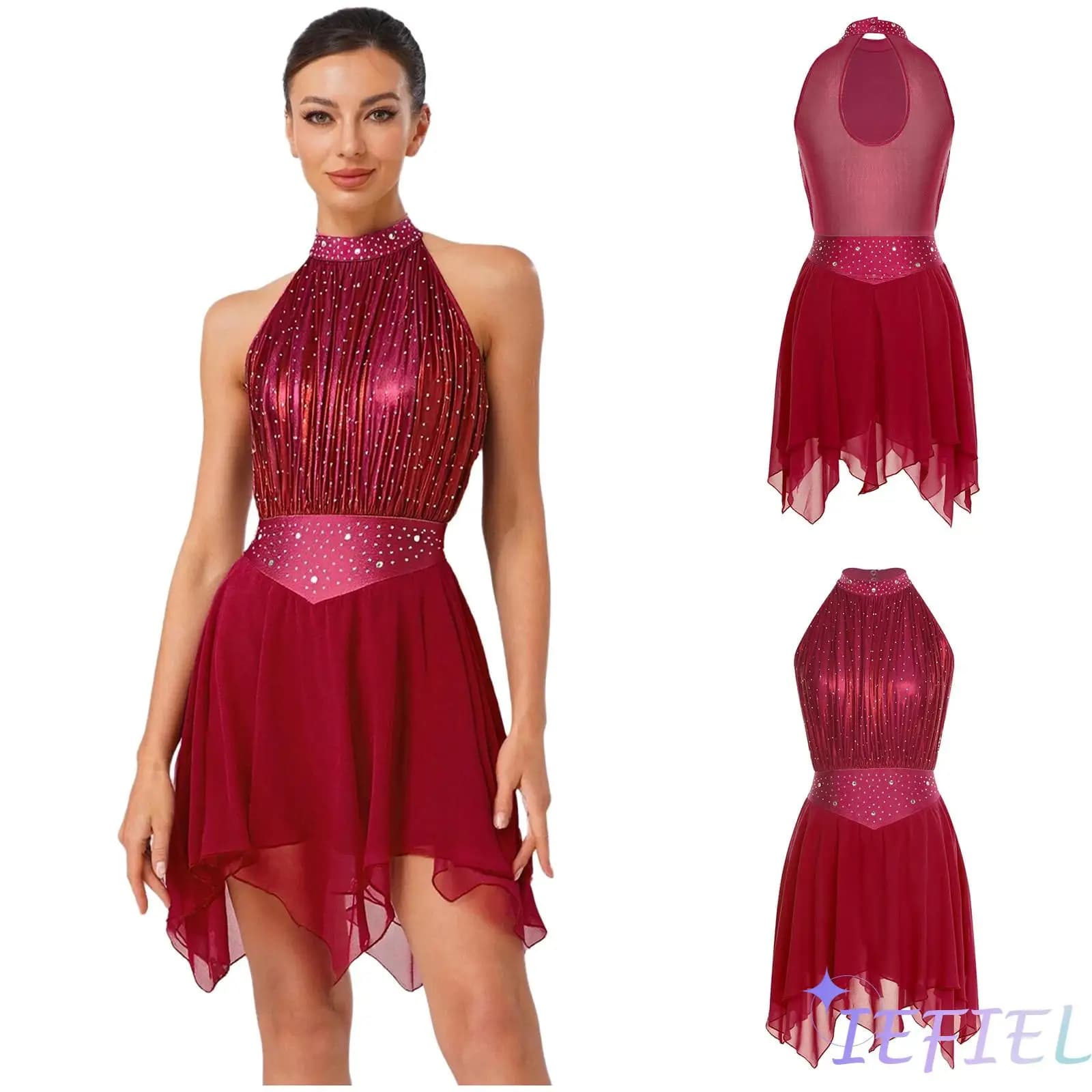 Abito da Danza Lirica per Donna, in Rete Metallica Arricciata con Strass, Orlo Irregolare, Body per Pattinaggio Artistico e Danza Moderna
