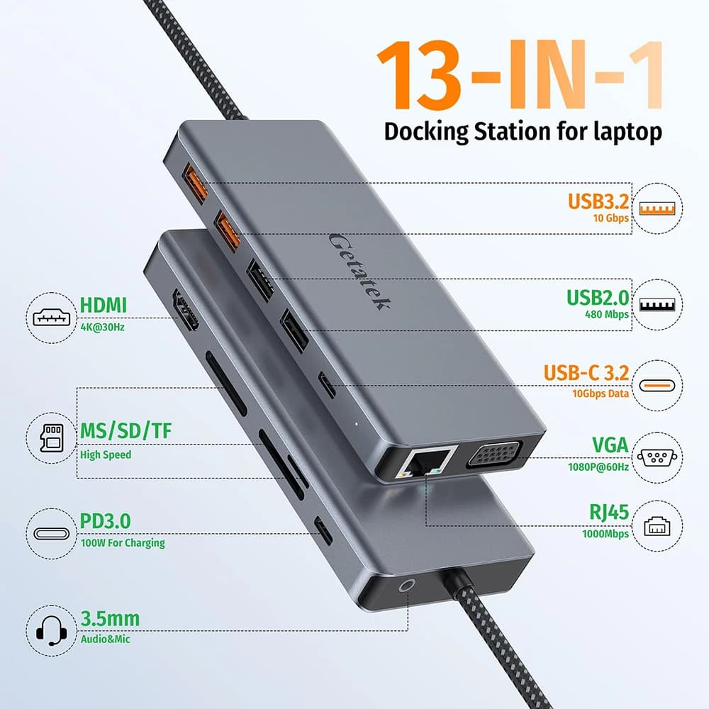 Getatek 13 in 1 Docking Station USB C for Laptop 10Gbps Hub USB C with Hub USB 3.2 4K HDMI VGA 100W PD charging RJ45 for MacBook Pro