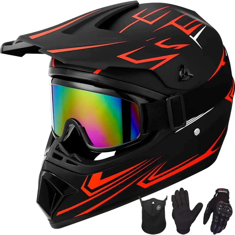 Casco da moto per ragazzi con guanti, occhiali e maschera - Omologato DOT, Rosso, Taglia L