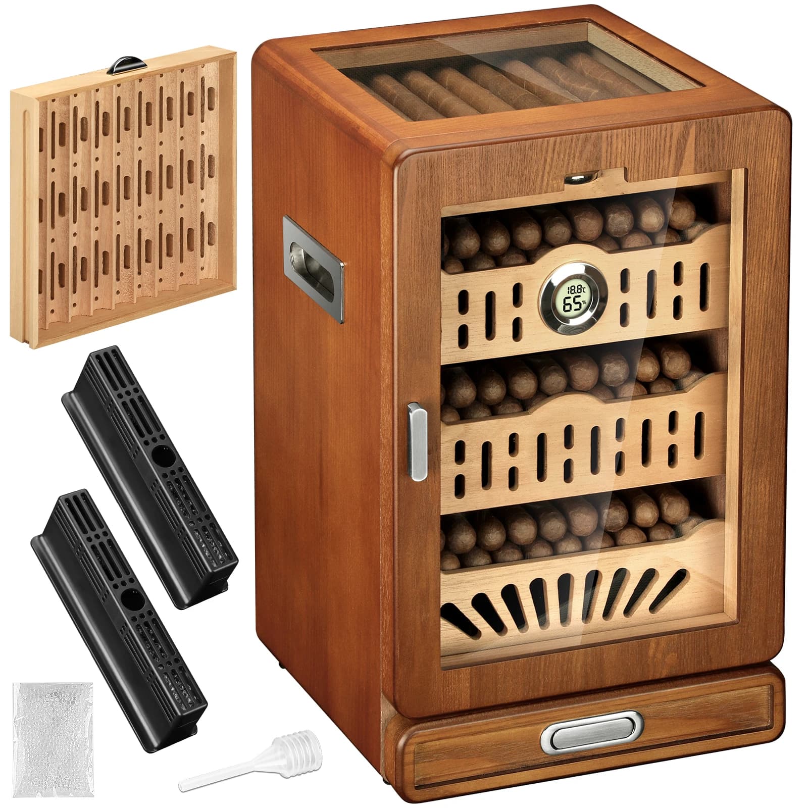 Armadietto umidificatore per sigari, umidificatore da tavolo, con 4 ripiani in legno di cedro spagnolo, 2 umidificatori, termometro igrometro digitale e cassetto