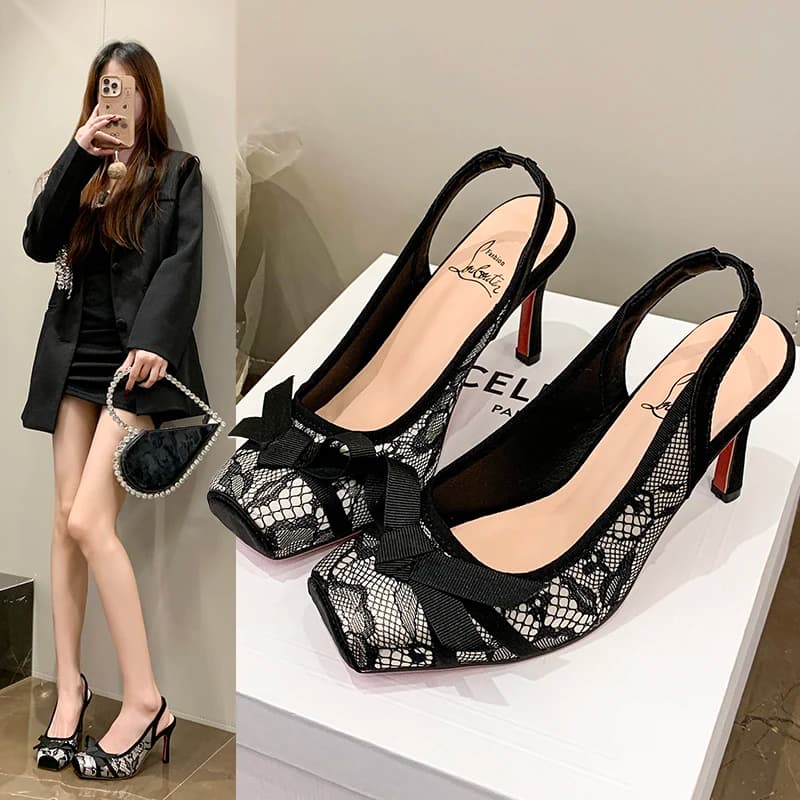 2026New French bow black square-toed stiletto high heels for women, lace sexy and fashionable sandals