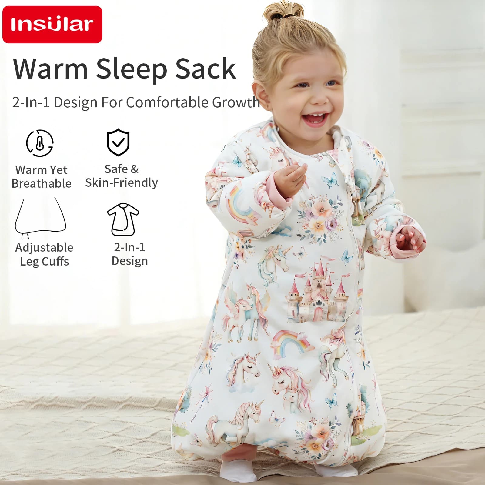 Sacco nanna CartoonBaby con gambe separate e maniche staccabili, 100% cotone, per bambini, autunno inverno, modello spesso