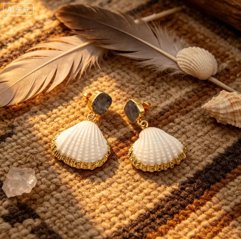 WT-E452 Wholesale Unique Black Labradorite Studs With Scallop Shell Earrings With Stone Elegant Drop Shape For Girl Jewelry