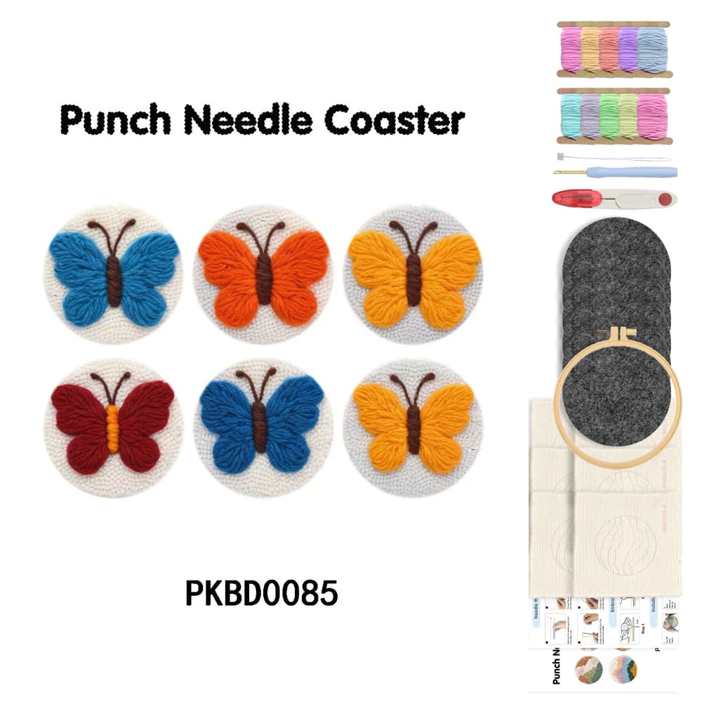 GATYZTORY 6Pcs Floral Punch Needle Coaster Kit Punch Needle Embroidery Kit for Adults Beginners Butterfly Punch Needle Supplies
