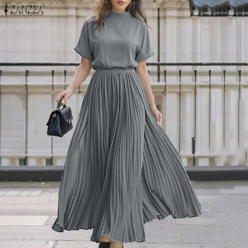 ZANZEA Completo gonna da donna con collo a lupetto, camicetta a maniche corte e gonna lunga a pieghe a trapezio, set 2 pezzi, abbigliamento streetwear