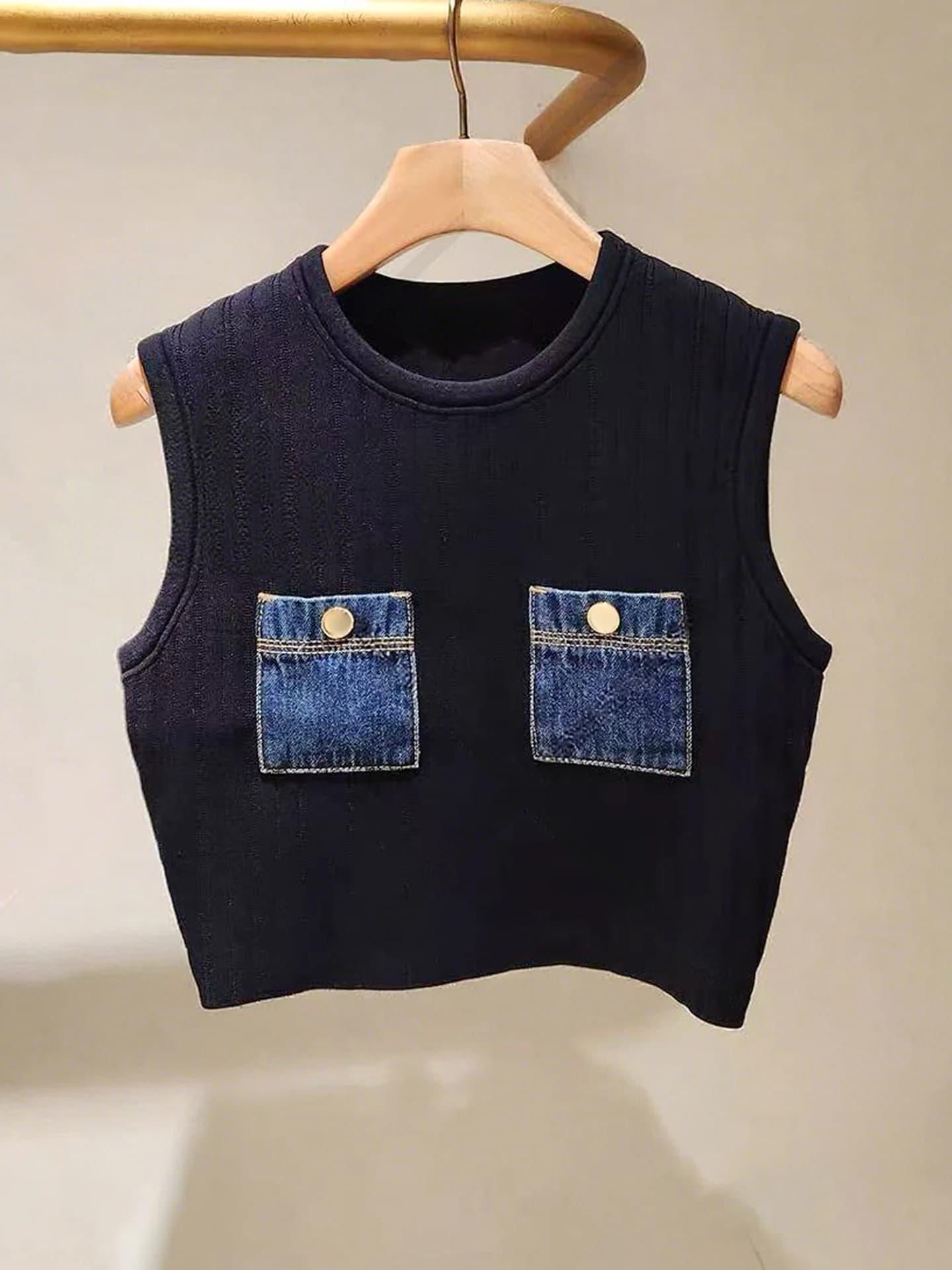 Gilet in maglia patchwork in denim da donna di alta gamma, stile pendolare, girocollo, corto, a H, senza schienale, S Home South Oil Autunno 2025