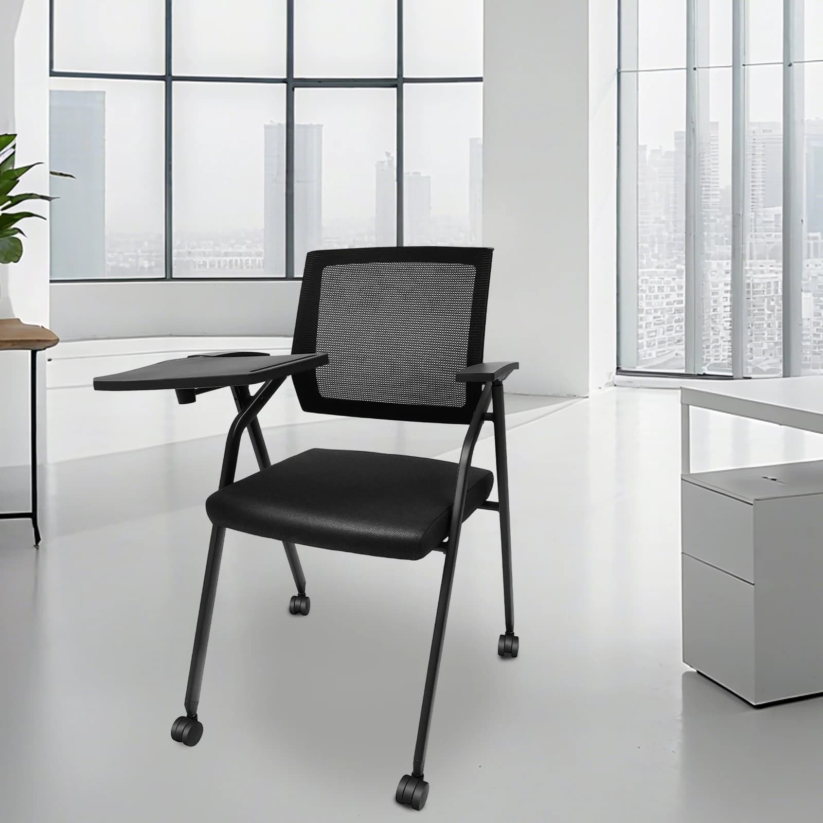 Sedia pieghevole per sala conferenze da 2 pezzi, poltrona per tablet con ruote, supporto lombare ergonomico e cuscino per sedili in spugna ispessita