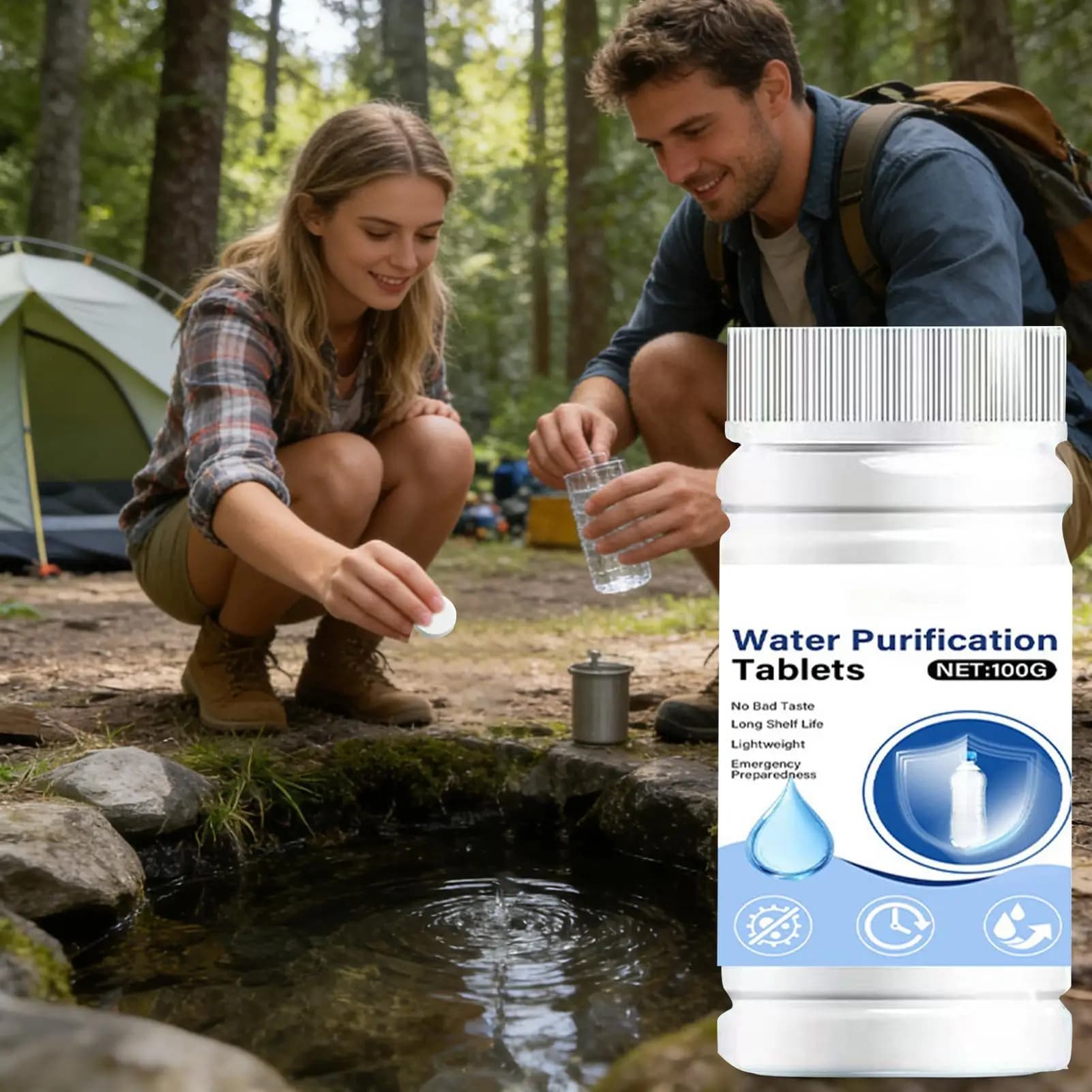 Compresse purificanti per l'acqua inodore a rapido scioglimento, filtro portatile di emergenza per l'acqua, per la sopravvivenza all'aperto e il campeggio