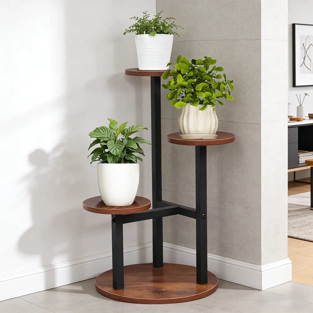 3-Tier Rustic Wood & Metal Plant Stand - Sturdy Corner Flower Shelf for Indoor, Living Room & Balcony - Tall Plant Display Rack