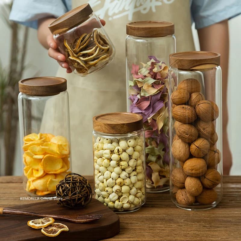 Coperchio in legno Contenitore ermetico in vetro Bottiglie portaoggetti da cucina Barattoli Contenitore per alimenti Grani Tè Chicchi di caffè Grani Contenitori per barattoli di caramelle