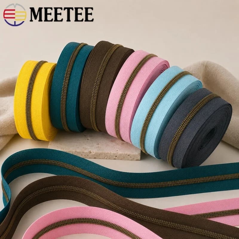 10M 5# Nylon Zipper Tape Bronze Teeth Coil Zip by Meter Sewing Bags Clothes Jacket Repair DIY Accessories Garment Decor Tool