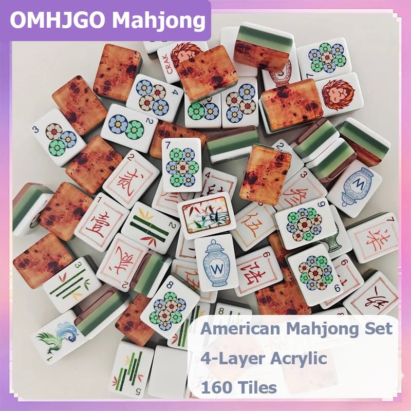OMHJGO Wood Grain Mahjong Tiles Acrylic Luxury Engraved American Mahjong Set Travel Mah Jongg for Indoor Game & Table Activities