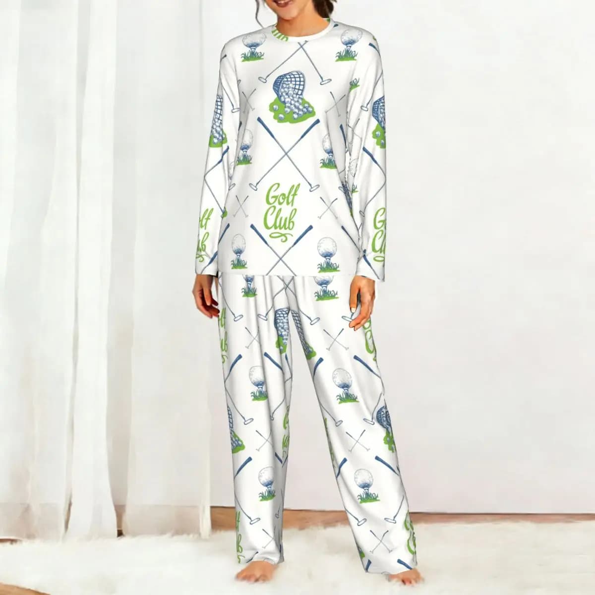 Golf Pattern With Busket And Ball Round Neck Long Sleeve Nightgowns for Sleeping Sleepshirts Women Loose Pajama Set Long Pants