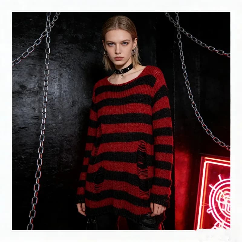 Maglioni Lunghi Sexy con Strisce e Fori, Stile Punk Gotico, Pullover Oversize da Donna, Look Rock Dark