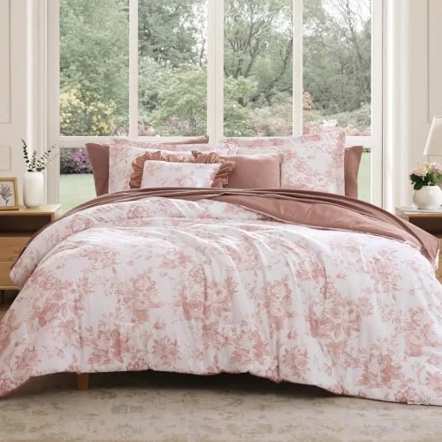 Set Copripiumino - 7 Pezzi, Set Copripiumino Floreale Rosa per Tutte le Stagioni, Set Completo con Copripiumino, Lenzuola e Cuscini con Motivi Floreali
