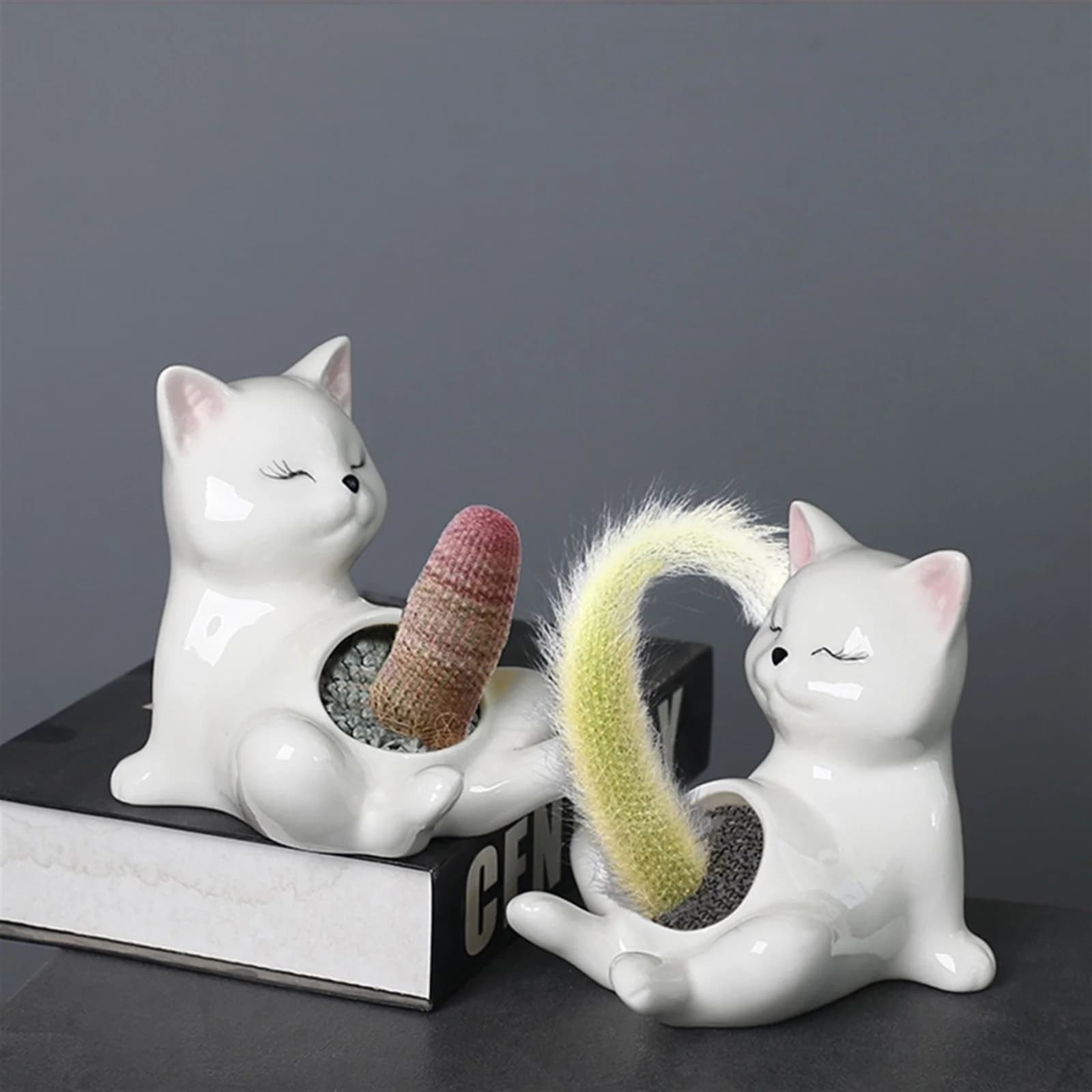 1pc Creative Funny Pottery Flower Pot Cute Cat Succulent Pot Home Office Planter Decor Craft Present Hanging Planter