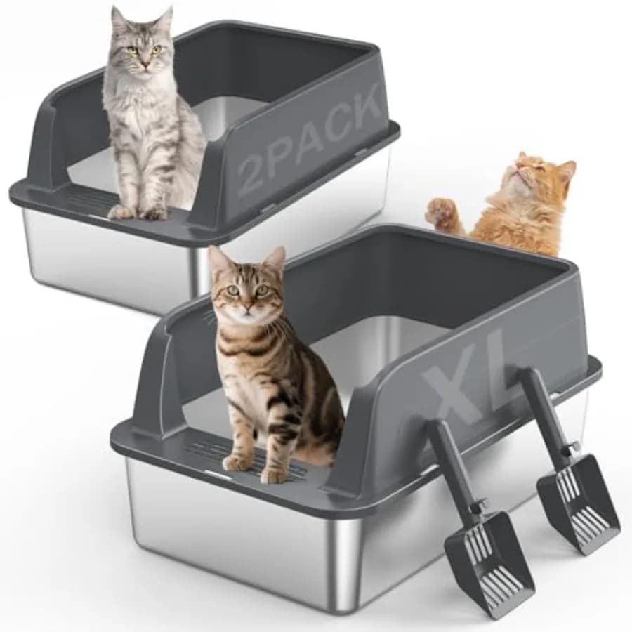 2PACK Stainless Steel Litter Box, Extra Large Litter Boxes for Big Cats, XL Metal Cat Litter Box with Lid High Sides, Anti-Urin