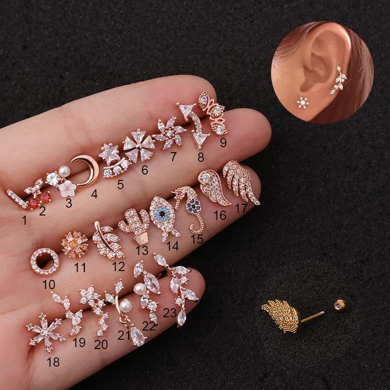 20G Pine Earrings with cubic zircons, in hypoallergenic surgical stainless steel, for cartilage piercing, elice, trago