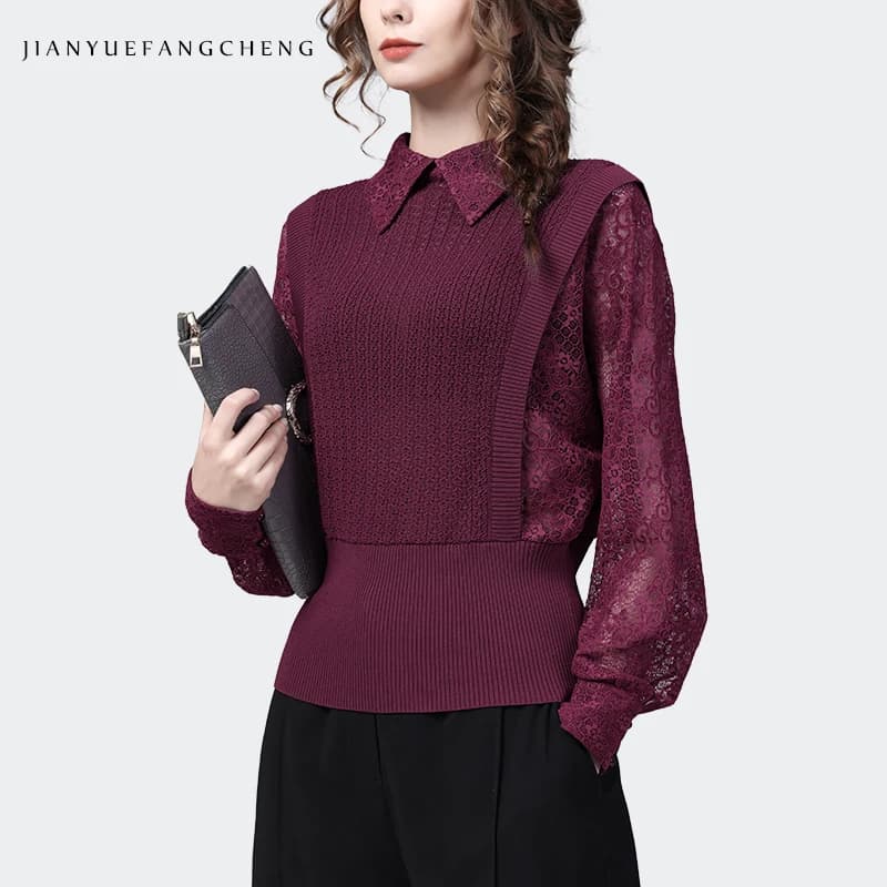 Moda pizzo impiombato maglia donna autunno inverno top ampio casual manica lunga colletto rovesciato maglione pullover