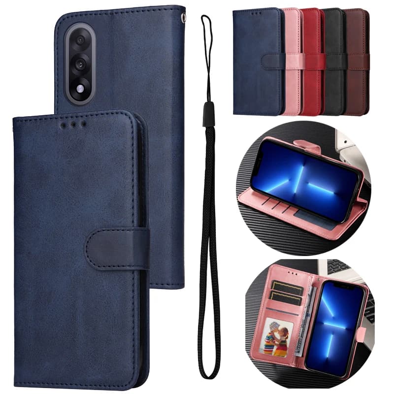 KL-MC005 Custodia in pelle con cordino in tinta unita per OnePlus 15 15R 13 13R Nord5 Nord CE 5 One + 15 5G Slot per schede Portafoglio Flip Cover per telefono