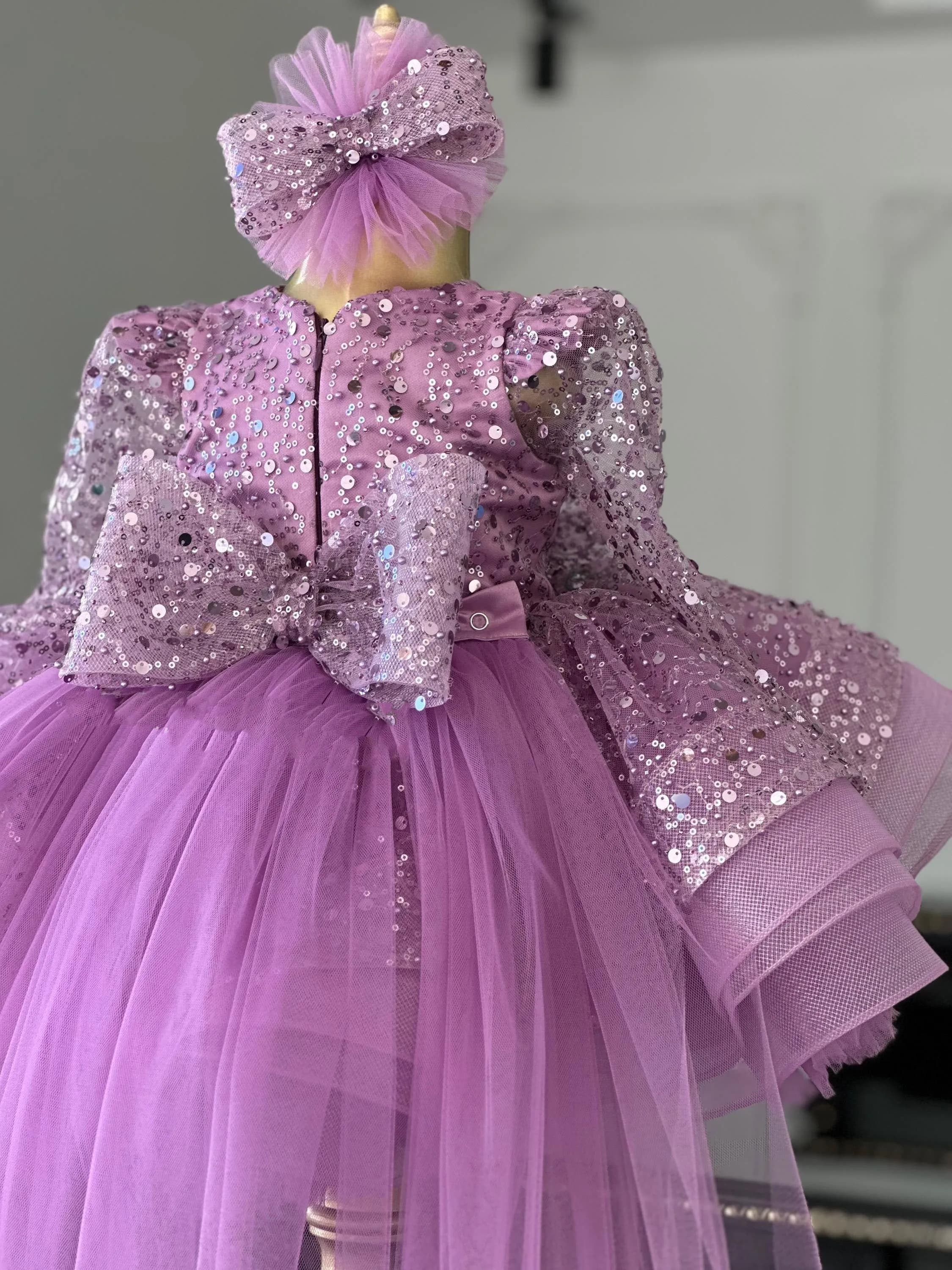 Abito da ragazza di fiore scintillante personalizzato per paillettes da sposa in tulle gonfio con fiocco Abiti da ballo per prima comunione per feste di compleanno per bambini