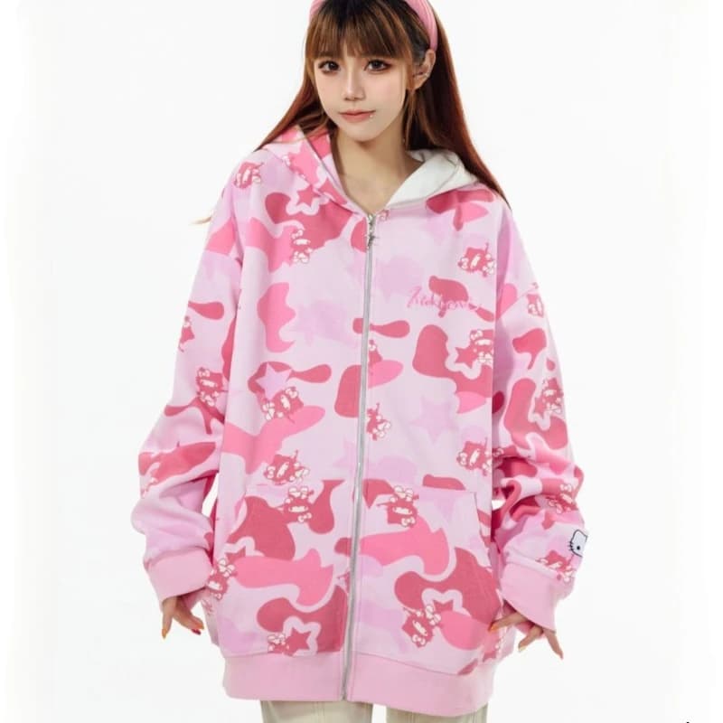 Felpa con Cappuccio Casual Sanrio Hello Kitty Camouflage, Streetwear Anime, Giacca in Cotone con Zip per Autunno e Primavera, Top per Coppie