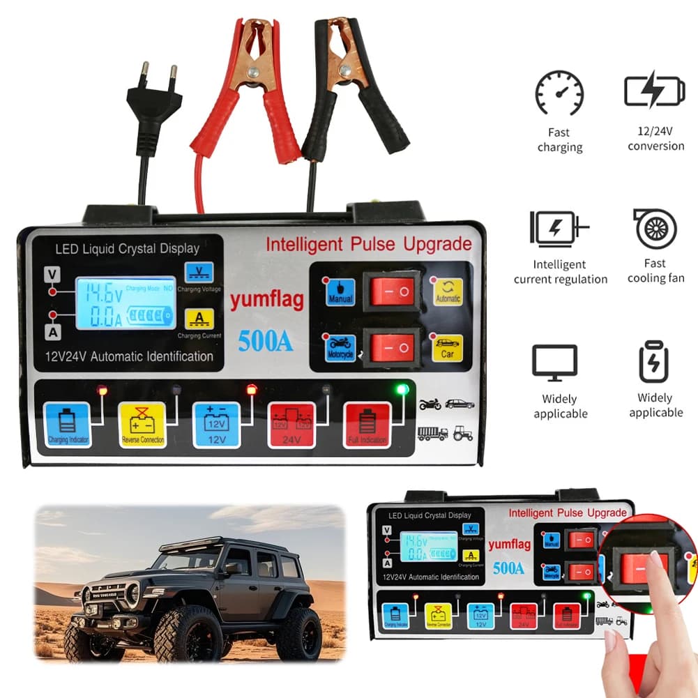 Caricabatterie Intelligente 500A 12V/24V per Auto e Moto, Unità di Ricarica per Batterie al Piombo-Acido AGM GEL EFB
