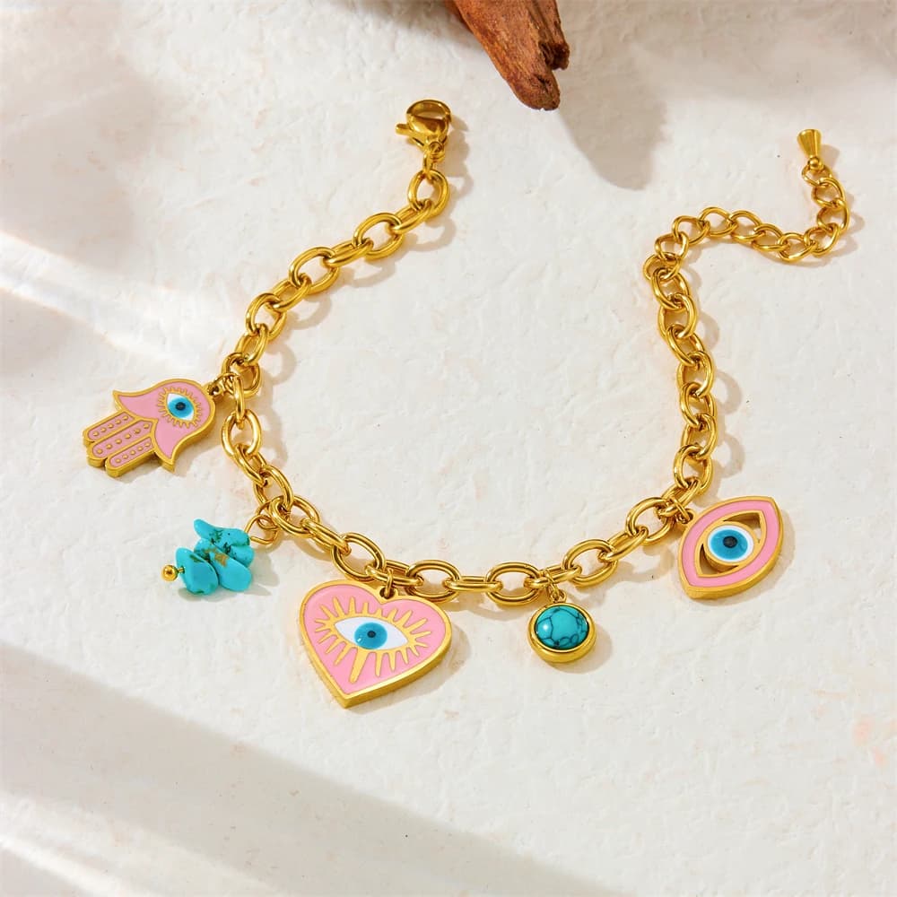 Bracciale con ciondolo a forma di cuore in acciaio inossidabile smaltato rosa, occhio turco e turchese, gioiello impermeabile da donna alla moda.