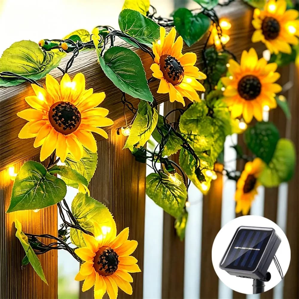 Luci a stringa a forma di girasole da 20/50/100 LED, alimentate a energia solare, per decorazioni domestiche, feste, vacanze, allestimenti scenografici e decorazioni esterne.