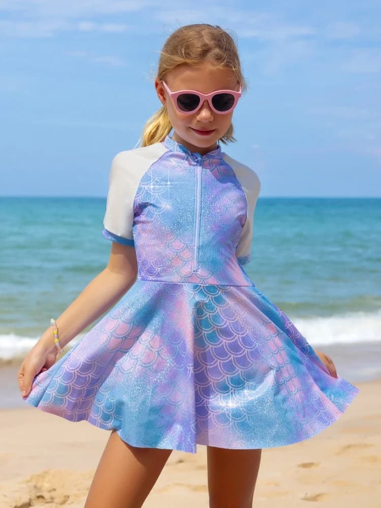 Costume da bagno due pezzi per bambine 2026, nuovo modello stampato a maniche corte con cerniera, abito estivo e pantaloncini per il nuoto