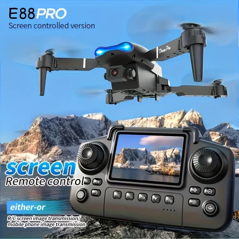 Nuovo Set Drone Pieghevole 2026 E88 MAX & E99 PRO con Telecomando con Schermo, Motore Brushless, Video HD 4K, Trasmissione in Tempo Reale, Evitamento Ostacoli, Volo Stabile e Ritorno con 1 Tasto. Perfetto per la fotografia aerea, per principianti e come regalo per il campeggio e le attività all'aperto.