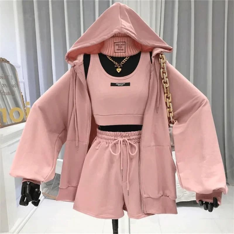 Pantaloncini Tre set da 3 pezzi Gilet casual da donna con coulisse Giacca corta con cerniera con cappuccio Abiti sportivi Y2k Streetwear Felpe sportive