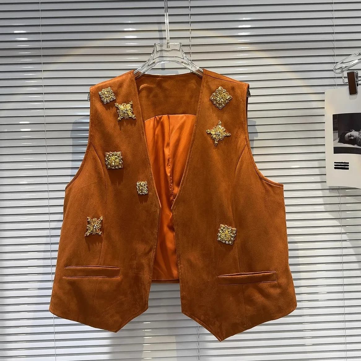 Gold Gemstone Beaded Heavy Duty Suede Sexy Girl Vest Trendy Style Street Fashion V-Neck Women's Jacket Autumn New Arrival