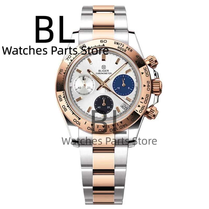 BLIGER Two Tone Silver Rose Men's Watches Brand Luxury Quartz Watch For Men Chronograph Sports Waterproof Luminous Reloj Hombre