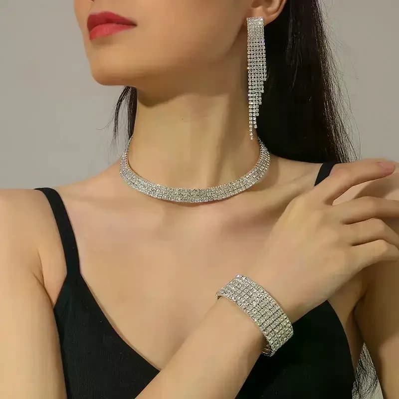 Set da sposa con collana piena, orecchini, anello, braccialetto, strass, collana cava, 3/4 pezzi