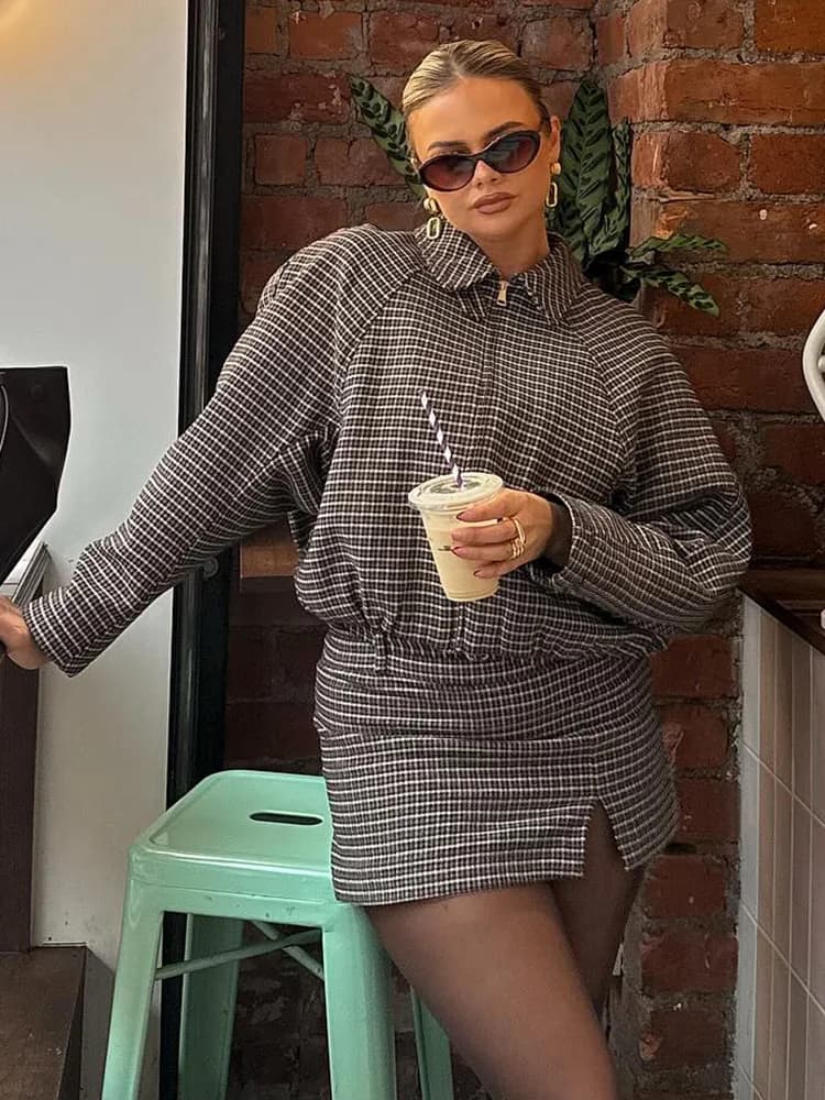 HH Women's Winter New Fashion Pied De Poule Cotton Coat Long Sleeve Zipper Bomber Jacket + High Waist Casual With Belt Culottes Set Mujer
