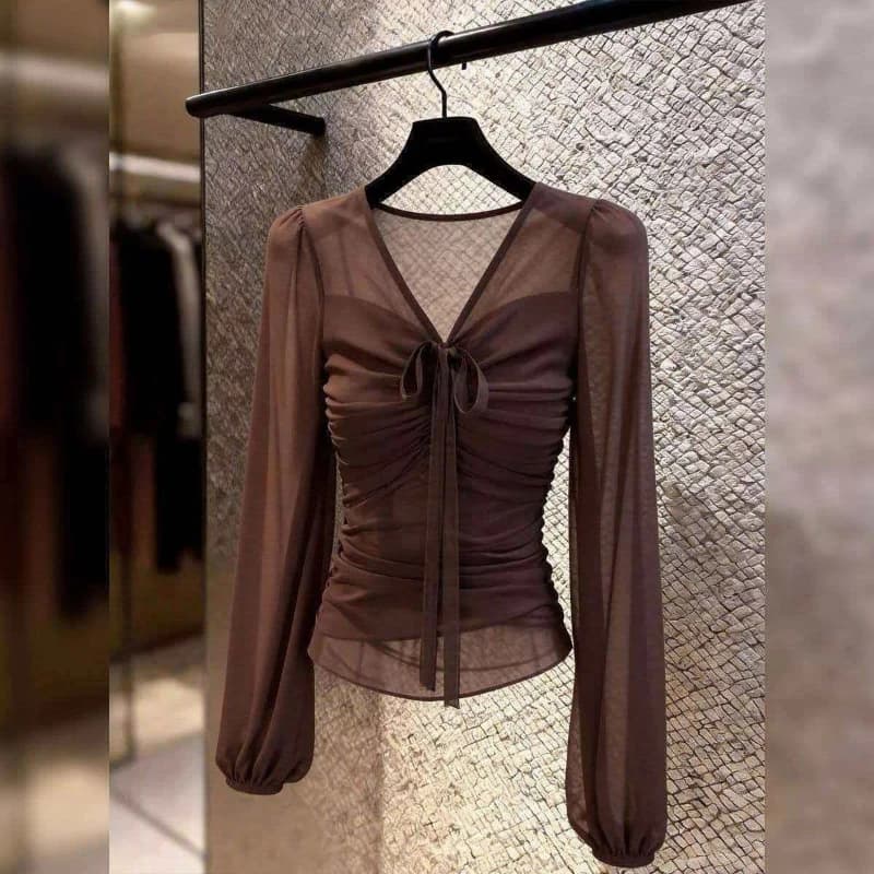 Summer Long Sleeve Lacing Pleated Solid Temperament Slim T Shirts Thin Elegant All-match Tops Tees Fashion Trend Women Clothing