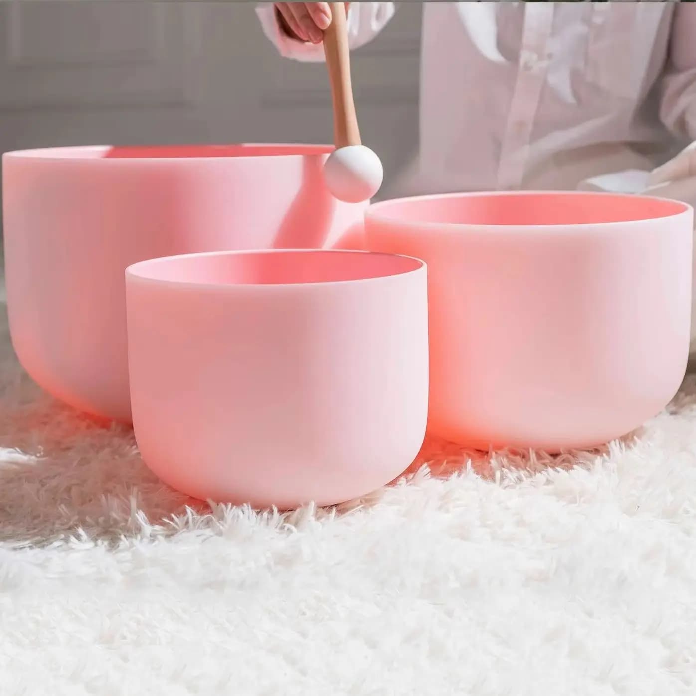 Hye-eun 8-12inch Pink Quartz Frosted Crystal Singing Bowl Set of 3 for Energy Healing Sound Bowls Meditation Set with Bag